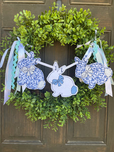 Blue and white bunny wreath banner